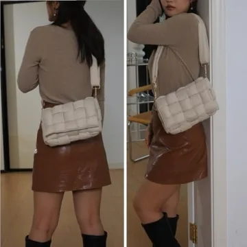 NAARIIAN Puffer Woven Bag Crossbody Purse for Women Padded Cassette Shoulder Bags Trendy Handbags Messenger(Beige)