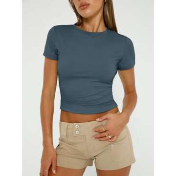 Trendy Queen Womens Basic T Shirts Summer 2025 Scoop Neck Short Sleeve Crop Tops Slim Fit Tees Y2k C...