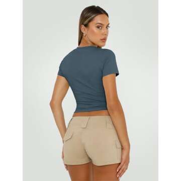 Trendy Queen Womens Basic T Shirts Summer 2025 Scoop Neck Short Sleeve Crop Tops Slim Fit Tees Y2k Clothing Haze Blue S