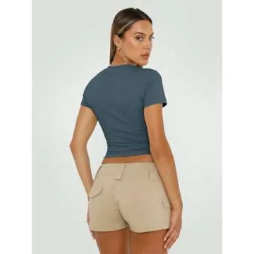 Trendy Queen Womens Basic T Shirts Summer 2025 Scoop Neck Short Sleeve Crop Tops Slim Fit Tees Y2k Clothing Haze Blue S