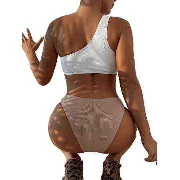 Stylish One Shoulder Color Block Bikini for Women