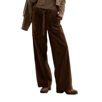 EZAPINE Women's Corduroy Pants Straight Leg Elastic High Waist Belt Cord Pants Trousers with Pockets...