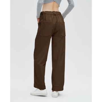 EZAPINE Women's Corduroy Pants Straight Leg Elastic High Waist Belt Cord Pants Trousers with Pockets Brown