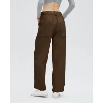 EZAPINE Women's Corduroy Pants Straight Leg Elastic High Waist Belt Cord Pants Trousers with Pockets Brown