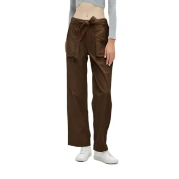 EZAPINE Women's Corduroy Pants Straight Leg Elastic High Waist Belt Cord Pants Trousers with Pockets Brown