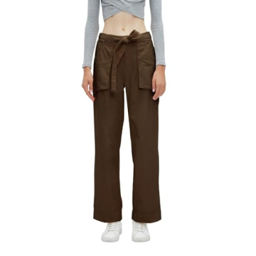 EZAPINE Women's Corduroy Pants Straight Leg Elastic High Waist Belt Cord Pants Trousers with Pockets Brown