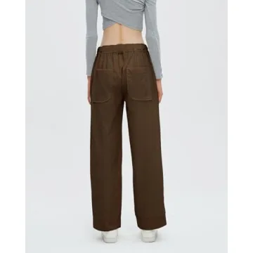 EZAPINE Women's Corduroy Pants Straight Leg Elastic High Waist Belt Cord Pants Trousers with Pockets Brown