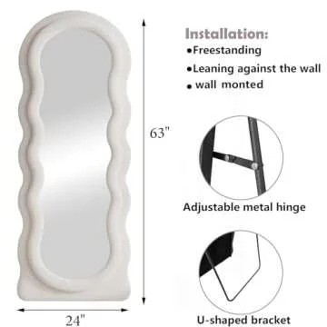 Dewfig Full Length Mirror, 63" x 24"Irregular Wavy Mirror, Large Floor Length Mirrors Wall Mounted, Standing Wavy Mirrors with Flannel Wrapped Wooden Frame for Bedroom/Living Room, White