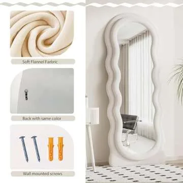 Dewfig Full Length Mirror, 63" x 24"Irregular Wavy Mirror, Large Floor Length Mirrors Wall Mounted, Standing Wavy Mirrors with Flannel Wrapped Wooden Frame for Bedroom/Living Room, White