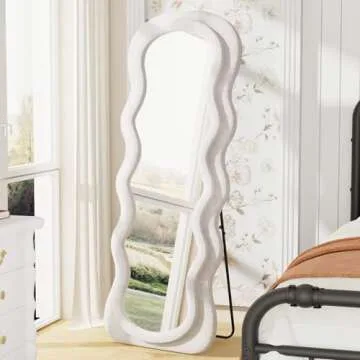 Dewfig Full Length Mirror, 63" x 24"Irregular Wavy Mirror, Large Floor Length Mirrors Wall Mounted, Standing Wavy Mirrors with Flannel Wrapped Wooden Frame for Bedroom/Living Room, White