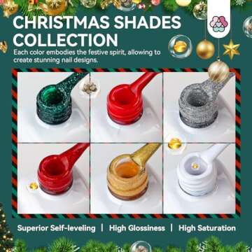 SAVILAND Christmas Gel Nail Polish Set - 6 Colors Glitter White Red Green Sliver Golden Gel Nail Polish Nail Sticker Decoration Nail Art Liner Brush Gel Nail Kit Starter for Home DIY Salon