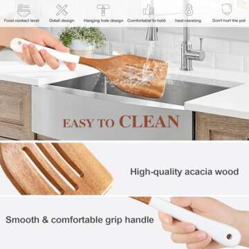 ROSOS Wooden Spoons For Cooking, 6 Pieces Natural Acacia Wooden Cooking Utensils or Non-Stick Wooden Kitchen Utensil Set for Kitchen Essentials, Wooden Cooking Utensils Set with Hanging Hole, White