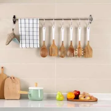ROSOS Wooden Spoons For Cooking, 6 Pieces Natural Acacia Wooden Cooking Utensils or Non-Stick Wooden Kitchen Utensil Set for Kitchen Essentials, Wooden Cooking Utensils Set with Hanging Hole, White