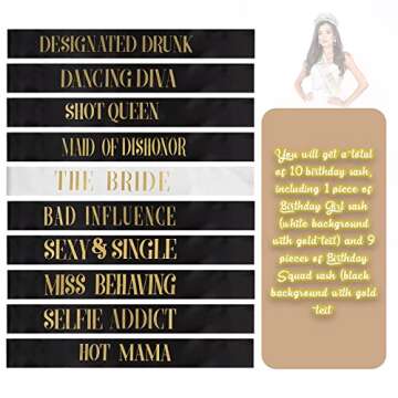 10 Pack White Bride Sash and 9 Styles Black Bridesmaid Sash Bridal Shower Favors Bridal Party Sashes Bride Tribe Gifts Team Sash for Bride Bridesmaids Maid of Honor Party Decorations Supplies