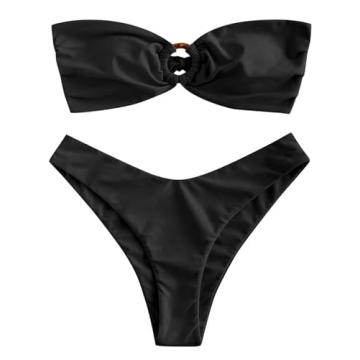 ZAFUL Women's Bandeau Bikini O Ring Strapless Tie Back High Cut Two Piece Swimsuit Bathing Suits (1-...