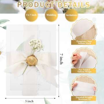 Fuyoooo 50 Sets Wedding Invitations Wraps Set Pre Folded Vellum Jackets for 5 x 7 Invitations Self Adhesive Gold Wax Seal Stickers Dried Baby's Breath Flowers Chiffon Silk Ribbon for Craft DIY