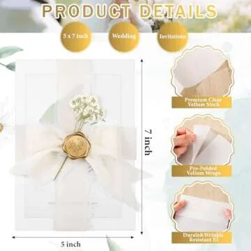 Fuyoooo 50 Sets Wedding Invitations Wraps Set Pre Folded Vellum Jackets for 5 x 7 Invitations Self Adhesive Gold Wax Seal Stickers Dried Baby's Breath Flowers Chiffon Silk Ribbon for Craft DIY