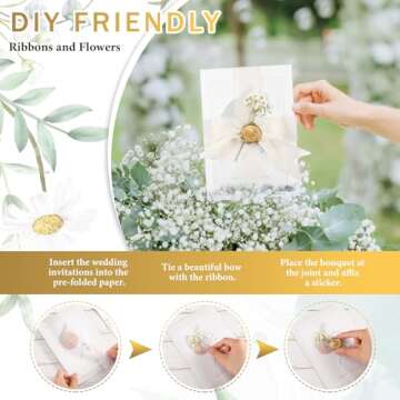 Fuyoooo 50 Sets Wedding Invitations Wraps Set Pre Folded Vellum Jackets for 5 x 7 Invitations Self Adhesive Gold Wax Seal Stickers Dried Baby's Breath Flowers Chiffon Silk Ribbon for Craft DIY