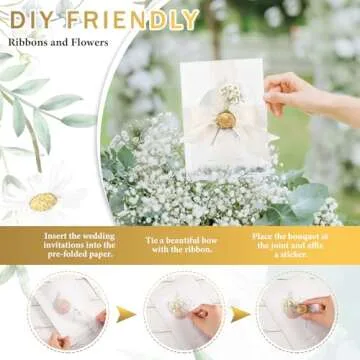 Fuyoooo 50 Sets Wedding Invitations Wraps Set Pre Folded Vellum Jackets for 5 x 7 Invitations Self Adhesive Gold Wax Seal Stickers Dried Baby's Breath Flowers Chiffon Silk Ribbon for Craft DIY