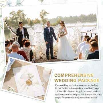 Fuyoooo 50 Sets Wedding Invitations Wraps Set Pre Folded Vellum Jackets for 5 x 7 Invitations Self Adhesive Gold Wax Seal Stickers Dried Baby's Breath Flowers Chiffon Silk Ribbon for Craft DIY