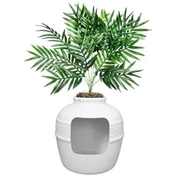 Good Pet Stuff Hidden Litter Box Base Kit, Round Enclosed Cat Planter Furniture with Fake Plant, Hooded Vented Carbon Filter System for Odor Control, Easy to Clean, Made in USA, White Birch