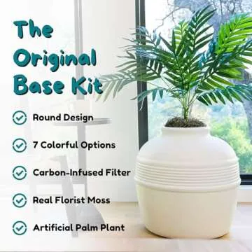 Good Pet Stuff Hidden Litter Box Base Kit, Round Enclosed Cat Planter Furniture with Fake Plant, Hooded Vented Carbon Filter System for Odor Control, Easy to Clean, Made in USA, White Birch