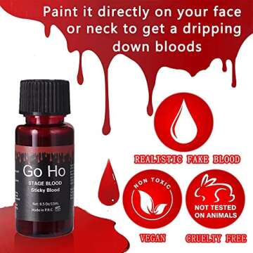Go Ho Halloween Fake Blood Washable(0.5 oz),Edible Fake Blood Realistic Effect Dripping Sticky Stage Blood for Eyes DripsTeeth Mouth Nose Bleeds,Cosplay SFX Zombie Vampire Blood Makeup,Bright