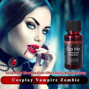 Go Ho Halloween Fake Blood Washable(0.5 oz),Edible Fake Blood Realistic Effect Dripping Sticky Stage Blood for Eyes DripsTeeth Mouth Nose Bleeds,Cosplay SFX Zombie Vampire Blood Makeup,Bright