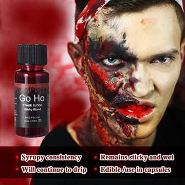 Go Ho Halloween Fake Blood Washable(0.5 oz),Edible Fake Blood Realistic Effect Dripping Sticky Stage Blood for Eyes DripsTeeth Mouth Nose Bleeds,Cosplay SFX Zombie Vampire Blood Makeup,Bright