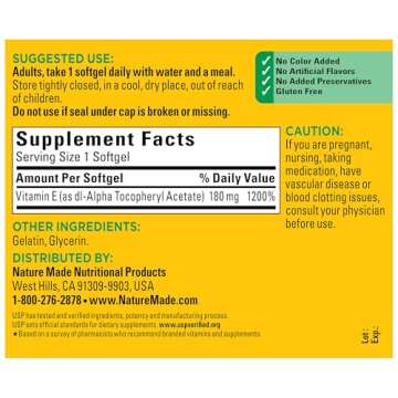 Nature Made Vitamin E 180 mg (400 IU) dl-Alpha, Dietary Supplement for Antioxidant Support, 180 Softgels, 180 Day Supply
