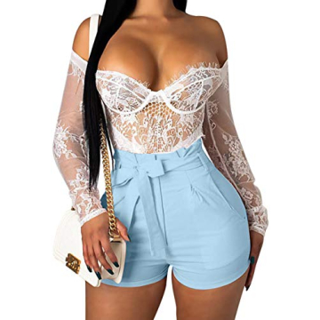 GOBLES Women’s High Waist Ruffle Bow Tie Shorts in Light Blue