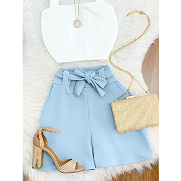 GOBLES Women’s High Waist Ruffle Bow Tie Shorts in Light Blue
