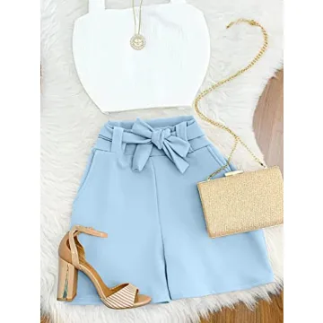 GOBLES Women’s High Waist Ruffle Bow Tie Shorts in Light Blue