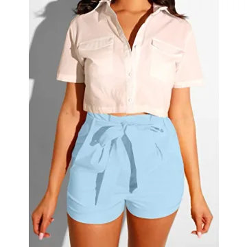 GOBLES Women’s High Waist Ruffle Bow Tie Shorts in Light Blue