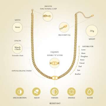 TRIPOD JEWELRY Cuban Link Chain for Women 18K Real Gold With Double D Letter,6mm 316L Stainless Stee...