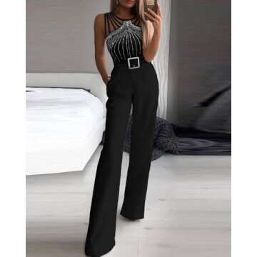 CHICME Women Multi Strap Sleeveless Jumpsuit Sparkle Rhinestone Rompers Dressy Black Jumpsuits for W...