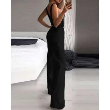 CHICME Women Multi Strap Sleeveless Jumpsuit Sparkle Rhinestone Rompers Dressy Black Jumpsuits for Women Evening Party-S