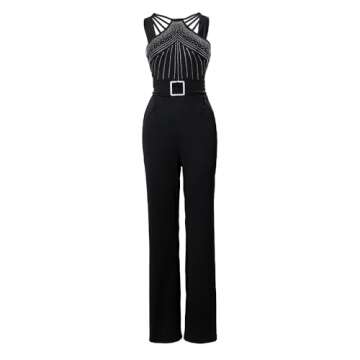 CHICME Women Multi Strap Sleeveless Jumpsuit Sparkle Rhinestone Rompers Dressy Black Jumpsuits for Women Evening Party-S