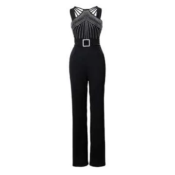 CHICME Women Multi Strap Sleeveless Jumpsuit Sparkle Rhinestone Rompers Dressy Black Jumpsuits for Women Evening Party-S
