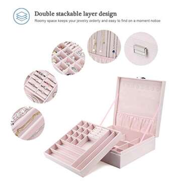 ProCase Velvet Jewelry Box Organizer for Women, 2 Layer Jewelry Display Storage Holder Case for Necklace Earrings Bracelets Rings -Pink