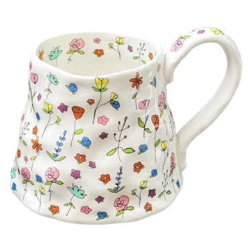Large Ceramic Coffee Mug Cute Flower with Handmade Big Handle, 21.1oz/600ml Girly Pink Floral Tea Cu...