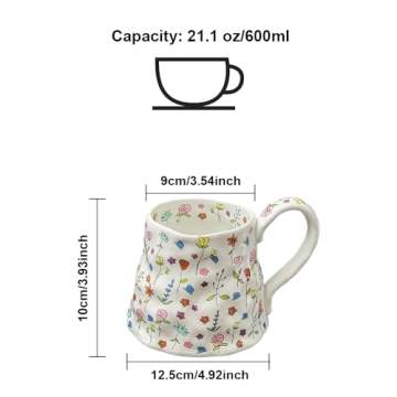 Large Ceramic Coffee Mug Cute Flower with Handmade Big Handle, 21.1oz/600ml Girly Pink Floral Tea Cup for Women Gift, Novelty Irregular Oversized Christmas Mugs for Latte Tea Milk Cocoa