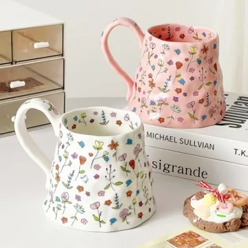 Large Ceramic Coffee Mug Cute Flower with Handmade Big Handle, 21.1oz/600ml Girly Pink Floral Tea Cup for Women Gift, Novelty Irregular Oversized Christmas Mugs for Latte Tea Milk Cocoa