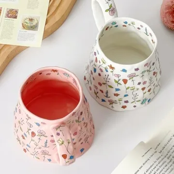 Large Ceramic Coffee Mug Cute Flower with Handmade Big Handle, 21.1oz/600ml Girly Pink Floral Tea Cup for Women Gift, Novelty Irregular Oversized Christmas Mugs for Latte Tea Milk Cocoa