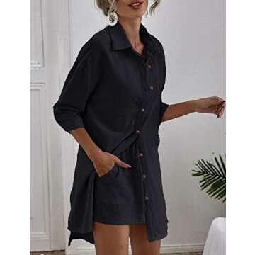 Zeagoo Womens Coordinated Outfit Summer Longe Two Pieces Tracksuit Button-Down Shirt and High Waisted Shorts Set, 04_black, Medium