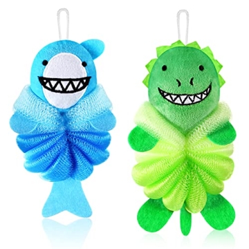 2 Pcs Bath Loofahs Kids Toddler Cute Cartoon Bath Sponges Loofah Bath Pouf Body Scrubber Mesh Loofah...
