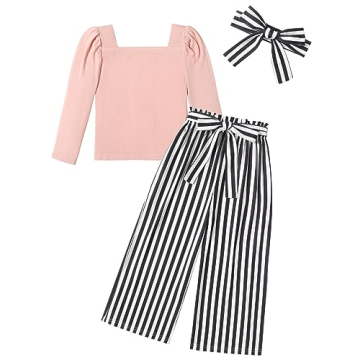 Arshiner Girls Clothing Sets Cute Fall 3 Pcs Outfits Square Neck Puff Sleeve Cotton Tops and Wide Le...