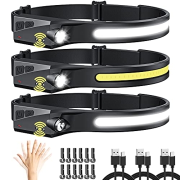 UUYEE 3-Pack Rechargeable LED Headlamp with Motion Sensor