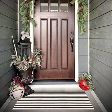 Black and White Outdoor Rug Christmas Door Mat 24"x 51",Collive Cotton Woven Striped Front Doormat,W...