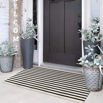 Black and White Outdoor Rug Christmas Door Mat 24"x 51",Collive Cotton Woven Striped Front Doormat,Washable Front Porch Decor, for Farmhouse Front Door Layered/Kitchen/Porch Decorations